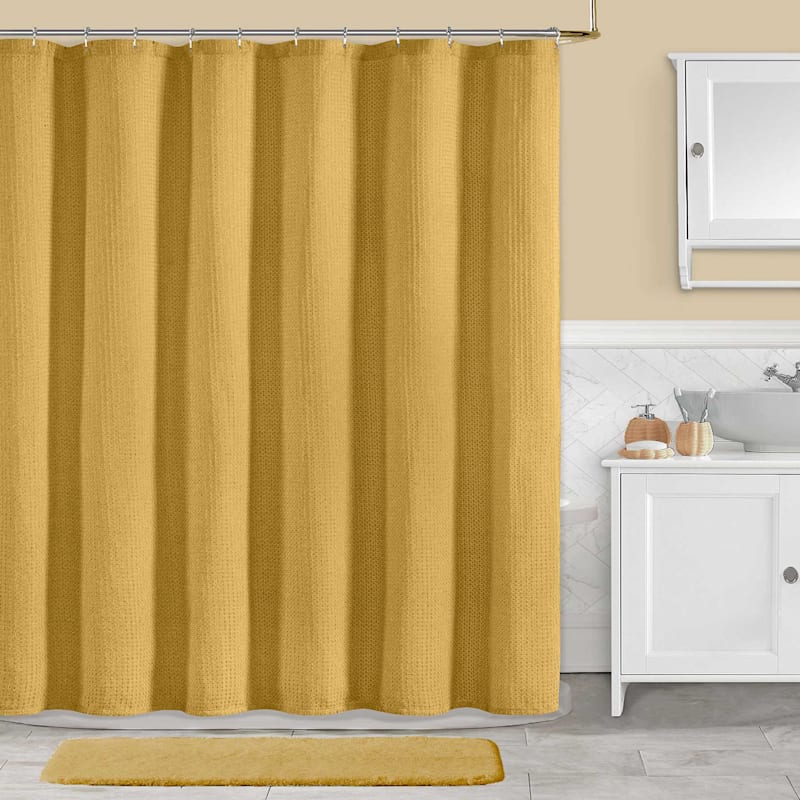 Yellow Shower Curtain Set with Hooks, Bathroom Curtain 72 W x 72 L, Gold