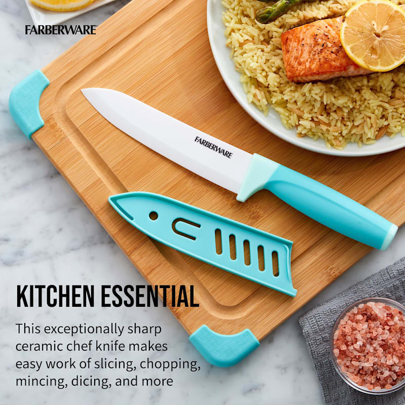 Farberware Ceramic Chef Knife with Custom-Fit Blade Cover, Razor-Sharp Kitchen Knife with Ergonomic, Soft-Grip Handle, Dishwasher-Safe, 6-Inch, Aqua