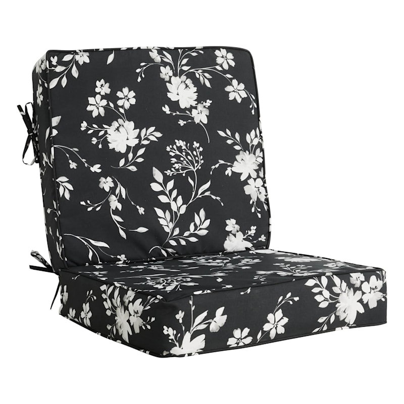 Providence 2 Piece Black White Floral Outdoor Deep Seat Cushion Set