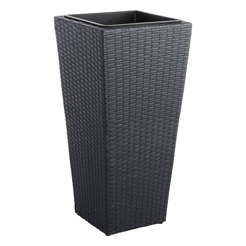 Black Woven Wicker Outdoor Planter with Plastic Insert, 27