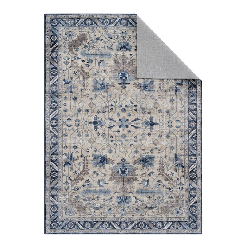 (B876) Dove Ivory & Blue Medallion Washable Area Rug, 8x10