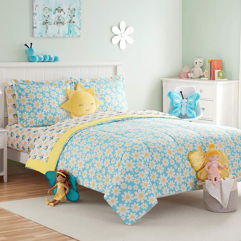 Tiny Dreamers 3 Piece Fairy Garden Blue Daisy Print Comforter Set Full Queen