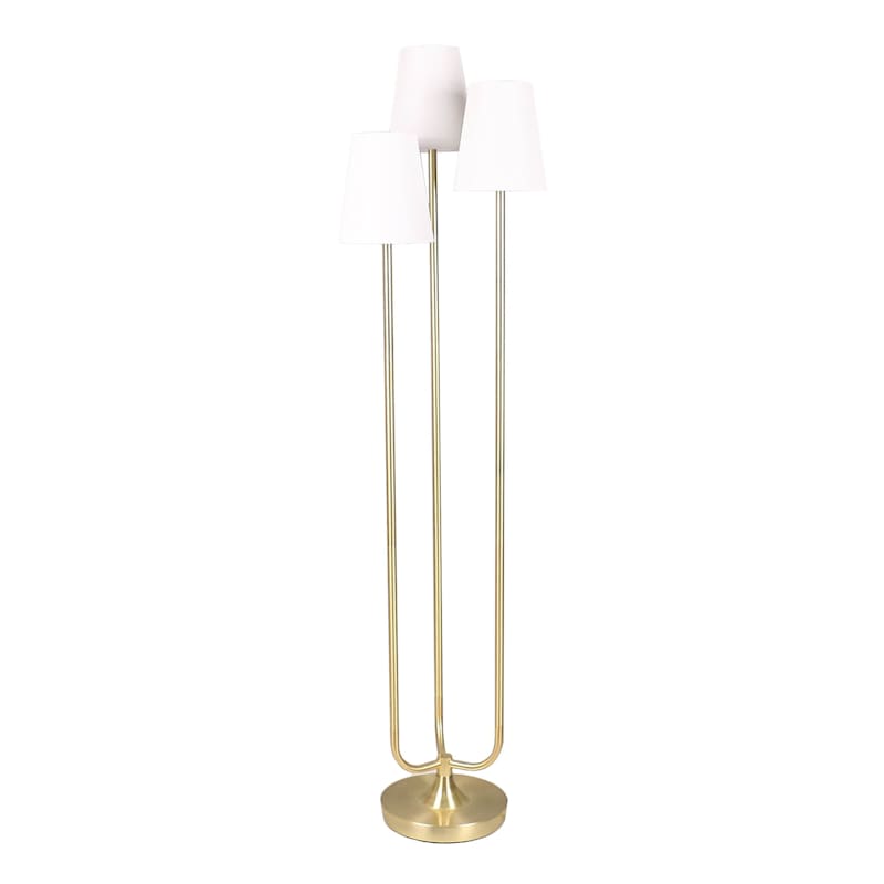 Providence Brushed Brass Triple Head Floor Lamp with White Fabric Shades 65