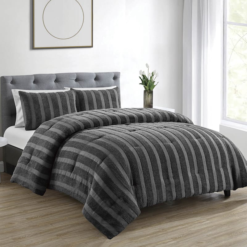 at Home Found Fable Tufted Corduroy Stripe Full Queen Dark 3 Pieces Grey Comforter Set
