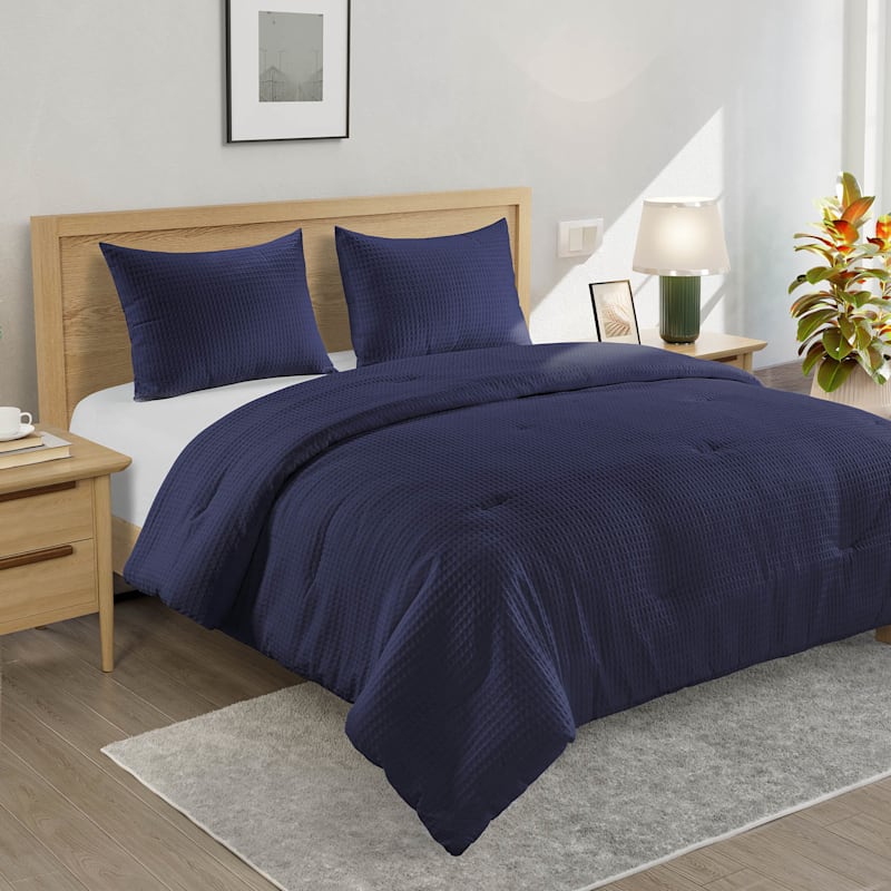 Crosby St. 3-Piece Navy Blue Washed Cotton Waffle Comforter Set