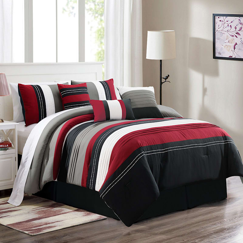 7 Piece Red Black Embroidered Pintuck Premium Comforter Set Queen